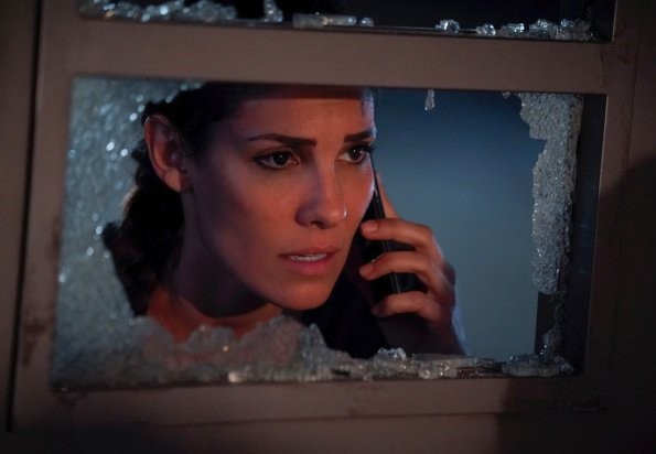 l'agent Blye au telephone derrière une vitre brisée