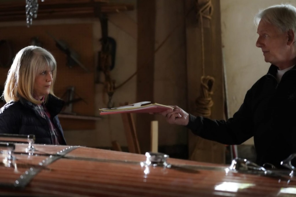 Leroy Jethro Gibbs (Mark Harmon) rend le dossier à Marcie Warren (Pam Dawber)