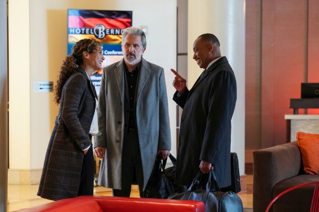 Une femme discute avec Alden Parker (Gary Cole) et Leon Vance (Rocky Carroll)